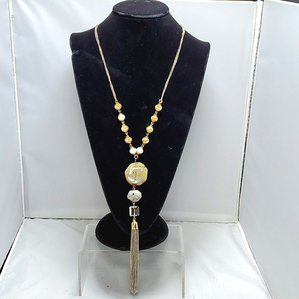 Ali khan mixed media agate tassel pendant  faceted glass necklace & gift box